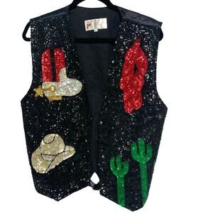 jc Vintage Sequin Western Boots Cactus Hat Bedazzled Costume Vest Size Large